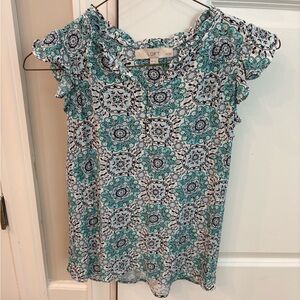 LOFT Women's Patterned Blouse - Teal and White